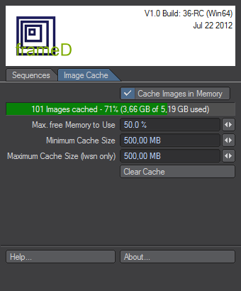 Image cache settings for frameD master cache